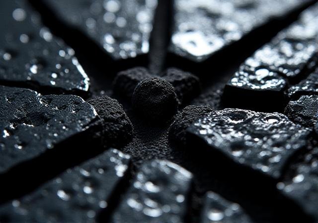 Glossy black obsidian glass fragments